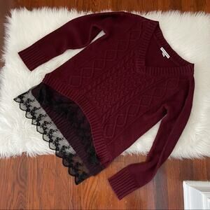 Wine Burgundy Sweater Lace Hem V Neck Moral Fiber